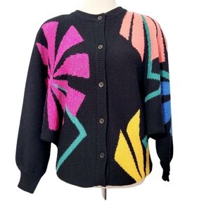 Vintage Spree International Wool Cardigan Sweater M Floral Geometric Colorful